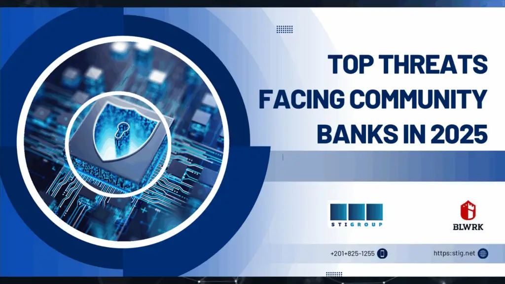 Business professionals analyzing cybersecurity threats on a digital dashboard, highlighting risks like ransomware, phishing, and financial fraud affecting community banks in 2025.